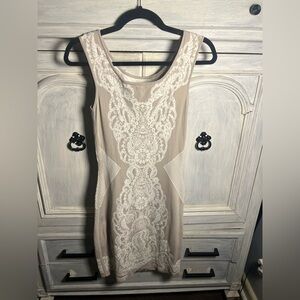 Yoana Baraschi Tan & Cream Knit Bodycon Embroidered Sweater Dress‎